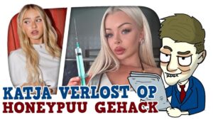 Thumbnail des Videos: "HONEYPUU von SCAMMERN GEHACKT / KATJA VERLOST Schönheits-OP? - Cake News #294" vom Kanal KuchenTV. Das Bild zeigt eine Collage mit den Gesichtern von HONEYPUU und Katja, umgeben von auffälligen Texten und Grafiken, die auf die Themen des Videos hinweisen.