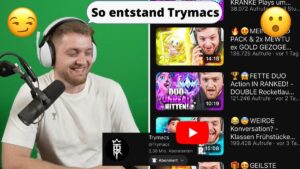 Ein möglicher Alt-Text für das Video-Thumbnail könnte sein: "Trymacs lächelnd mit nachdenklichem Gesichtsausdruck, umgeben von Fragezeichen und einem Namensschild 'Trymacs' – Die Geschichte hinter dem Namen.