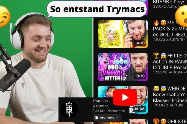 Ein möglicher Alt-Text für das Video-Thumbnail könnte sein: "Trymacs lächelnd mit nachdenklichem Gesichtsausdruck, umgeben von Fragezeichen und einem Namensschild 'Trymacs' – Die Geschichte hinter dem Namen.