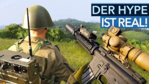 Thumbnail for the video "Arma Reforger geht komplett durch die Decke!" from Gamestar channel, showing an intense action scene from the game with soldiers in combat gear amidst an explosive battlefield.