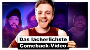 A video thumbnail featuring André Schieblers with a mischievous grin, alongside bold text that reads "Comeback ist komplett ehrenlos," set against a dynamic, colorful background.