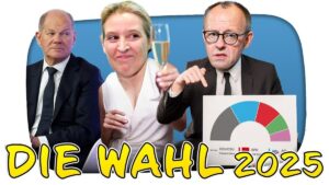 Vorschaubild des Videos "BUNDESTAGSWAHL 2025... SIND WIR AM ENDE? - Kuchen Talks #1062" vom Kanal KuchenTV. Ein besorgter KuchenTV sitzt vor einem Mikrofon, während im Hintergrund politische Symbole und Fragezeichen zu sehen sind.