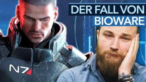 Thumbnail des Videos "War's das jetzt mit BioWare?" vom Kanal Gamestar: Ein Bild eines nachdenklichen Mannes, der vor dem Logo von BioWare steht, mit düsterem Hintergrund.