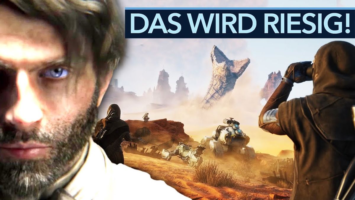 Thumbnail des Videos "Dune als Open-World-Spiel - Wir haben den Traum ausprobiert!" vom Kanal Gamestar: Ein episches Wüstenpanorama mit einem riesigen Sandwurm, der aus dem Sand auftaucht, und einem Charakter in Schutzanzug, der in die Ferne blickt.