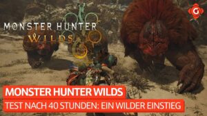 Thumbnail des Videos "Test nach 40 Stunden: Ein wilder Einstieg - Review zu Monster Hunter Wilds" vom Kanal Gameswelt, zeigt das Spiel Monster Hunter Wilds mit einem beeindruckenden Monster im Vordergrund und einem Jäger in Rüstung, der bereit ist, das Abenteuer zu beginnen.