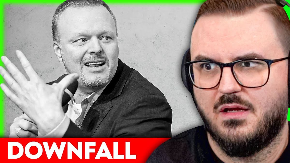 Vorschaubild des Videos "Der rasante Downfall von Stefan Raab" auf dem Kanal Staiy, zeigt ein Bild von Stefan Raab mit einem nachdenklichen Gesichtsausdruck, umgeben von dunklen Wolken und fallenden Pfeilen, die einen Abstieg symbolisieren.