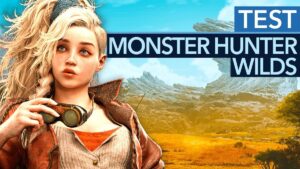 Thumbnail zeigt das Cover-Art von Monster Hunter Wilds mit einem epischen Kampf zwischen einem Jäger und einem riesigen Monster in einer lebendigen, detaillierten Landschaft. Oben im Bild steht der Titel des Videos: "Monster Hunter Wilds ist der bislang beste Serienteil und zum Release fast perfekt! - Test / Review". Im Hintergrund ist das Logo von Gamestar zu sehen.