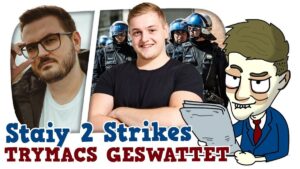 Vorschaubild des Videos "TRYMACS GESWATTET / STAIY KASSIERT 2 STRIKES - Cake News #301" vom Kanal KuchenTV: Ein Mann mit nachdenklichem Gesichtsausdruck, im Hintergrund sind die Logos von Trymacs und Staiy zu sehen.