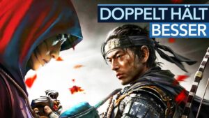 Assassin’s Creed Shadows vs. Ghost of Tsushima: Welches Spiel gewinnt? Thumbnail zeigt zwei Charaktere aus den Spielen "Assassin's Creed Shadows" und "Ghost of Tsushima" in einer japanischen Landschaft. Links ein Assassine in dunkler Kleidung mit Kapuze, rechts ein Samurai in traditioneller Rüstung. Im Hintergrund eine malerische Landschaft mit Kirschblüten und Bergen.