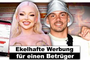 Vorschaubild des Videos "Katja Krasavice & Capital Bra machen Werbung für Betrüger" vom Kanal AlphaKevin. Katja Krasavice und Capital Bra sind in einem auffälligen Setting zu sehen, umgeben von bunten Lichtern und Requisiten, die auf das Thema Werbung und Betrug hinweisen. Beide Künstler schauen direkt in die Kamera, während im Hintergrund ein stilisierter Schriftzug mit dem Videotitel zu sehen ist.