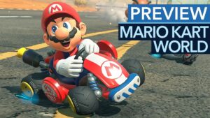 Nintendo Switch 2: „Mario Kart World“ revolutioniert das Rennspiel! Thumbnail des Videos "Open World und mehr, mehr, mehr! - Mario Kart World startet auf der Switch 2 in eine neue Zeit!" vom Kanal Gamestar zeigt eine dynamische Rennszene mit Mario in einem Kart, umgeben von bunten Strecken und einer offenen Welt im Hintergrund.