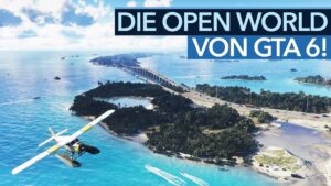 GTA 6: Entdecke die atemberaubende Spielwelt von Weiß City! Thumbnail zeigt eine Karte mit markierten Regionen von GTA 6, darunter Berge, Sümpfe und eine Großstadt, mit dem Titel "Das sind die 6 Regionen von GTA 6!" und dem Gamestar-Logo.