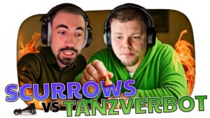 Thumbnail des Videos "TANZVERBOT vs. SCURROWS (KRANKER BEEF) - Kuchen Talks #1096" vom Kanal KuchenTV: Ein intensives Gesicht von TANZVERBOT auf der linken Seite und SCURROWS auf der rechten Seite, beide mit herausforderndem Blick, umgeben von dramatischen Grafikelementen, die auf einen Konflikt hindeuten.