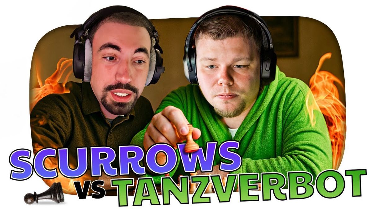 Thumbnail des Videos "TANZVERBOT vs. SCURROWS (KRANKER BEEF) - Kuchen Talks #1096" vom Kanal KuchenTV: Ein intensives Gesicht von TANZVERBOT auf der linken Seite und SCURROWS auf der rechten Seite, beide mit herausforderndem Blick, umgeben von dramatischen Grafikelementen, die auf einen Konflikt hindeuten.