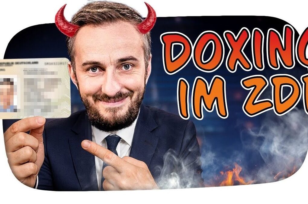 Vorschaubild des Videos "JAN BÖHMERMANN DOXXT RECHTEN INFLUENCER - Kuchen Talks #1093" vom Kanal KuchenTV: Ein Porträt von Jan Böhmermann mit ernstem Gesichtsausdruck, daneben ein stilisiertes Bild eines Smartphones mit einer Benachrichtigung über Doxxing. Im Hintergrund sind digitale Symbole und ein stilisierter Social-Media-Feed zu sehen.