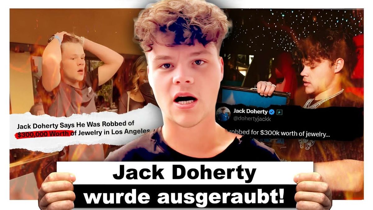 Vorschaubild des Videos: Jack Doherty wurde auf offener Straße ausgeraubt, AlphaKevin-Kanal, zeigt Jack Doherty mit schockiertem Gesichtsausdruck und einem unscharfen Hintergrund einer belebten Straße.