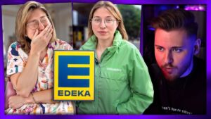 Ein farbenfrohes Thumbnail zeigt Bibi und das Edeka-Logo. Bibi hat einen überraschten Gesichtsausdruck, während im Hintergrund verschiedene Edeka-Produkte zu sehen sind. Der Text "Bibi VS Edeka" ist in großen, auffälligen Buchstaben über dem Bild platziert.