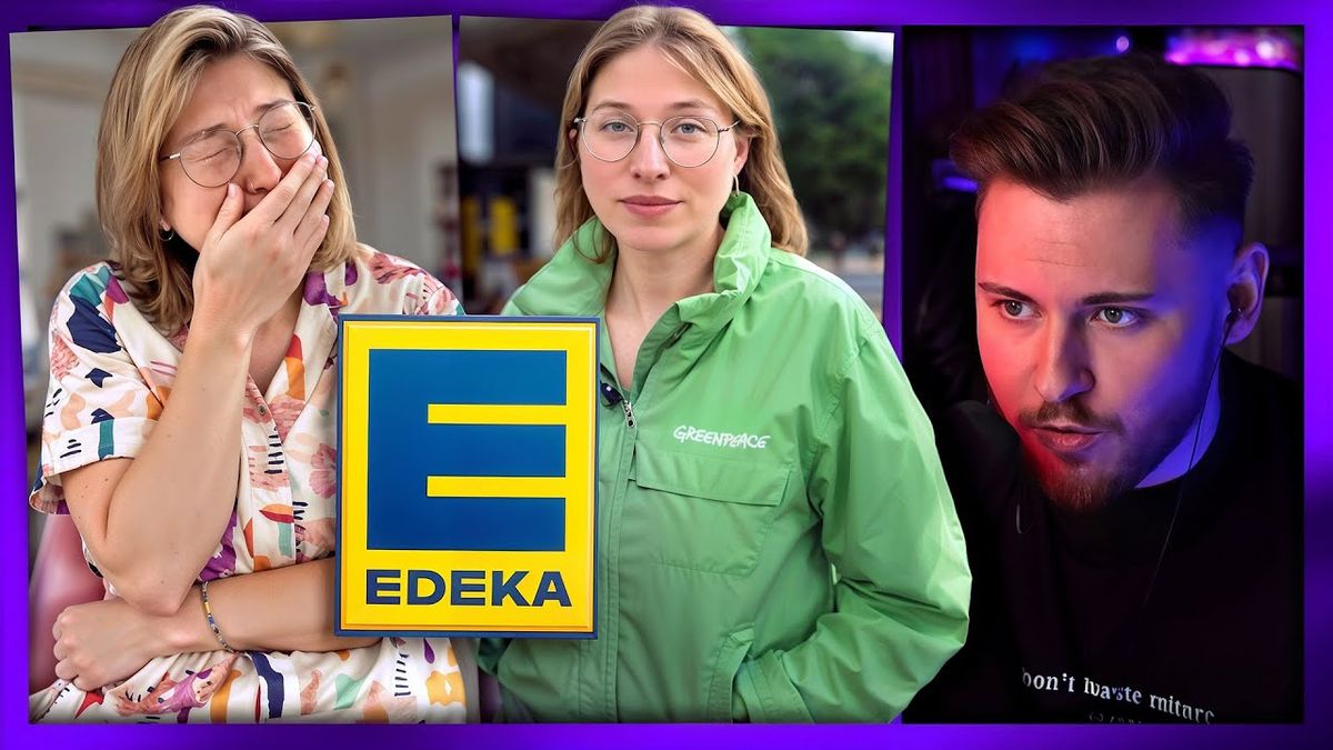 Ein farbenfrohes Thumbnail zeigt Bibi und das Edeka-Logo. Bibi hat einen überraschten Gesichtsausdruck, während im Hintergrund verschiedene Edeka-Produkte zu sehen sind. Der Text "Bibi VS Edeka" ist in großen, auffälligen Buchstaben über dem Bild platziert.